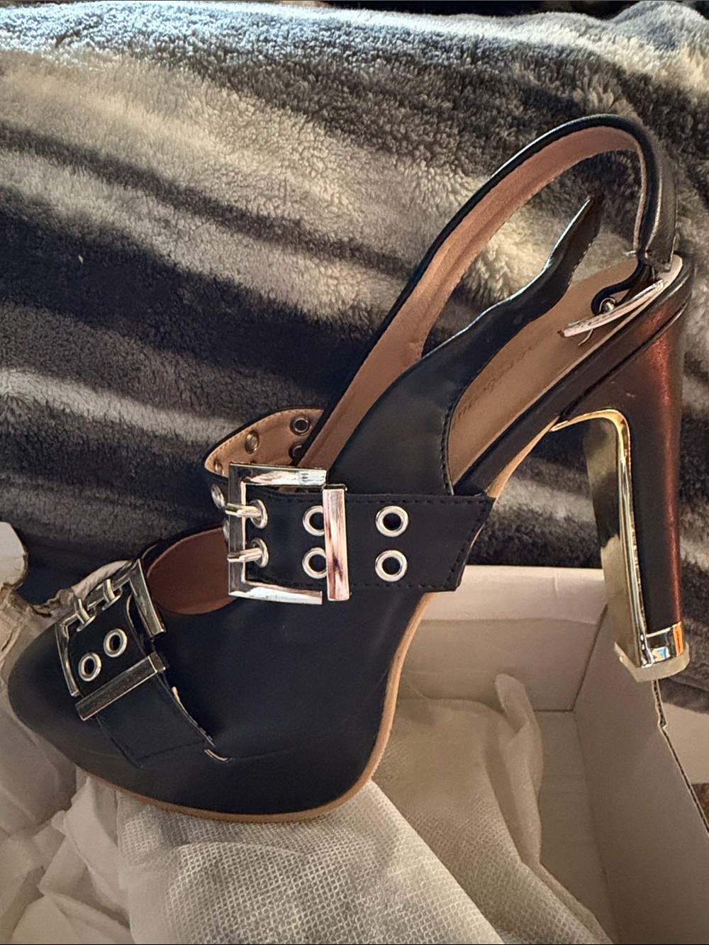 Black Buckle Slingback High Heel Sandals with Gold Accent